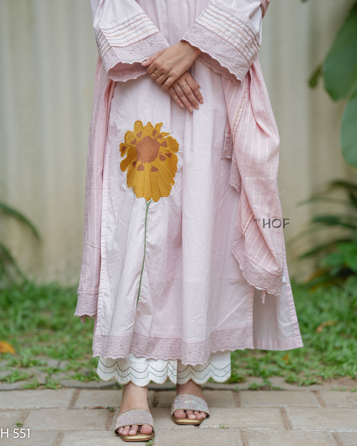 MY HOF Powder Pink Suit Set With Floral Embroidery In Cotton (H551)