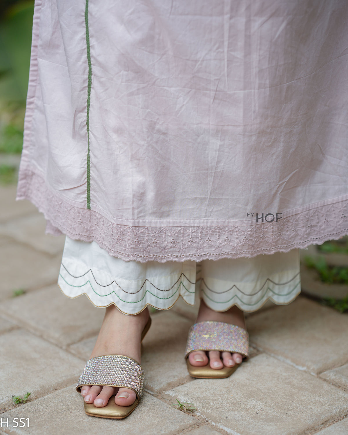 MY HOF Powder Pink Suit Set With Floral Embroidery In Cotton (H551)