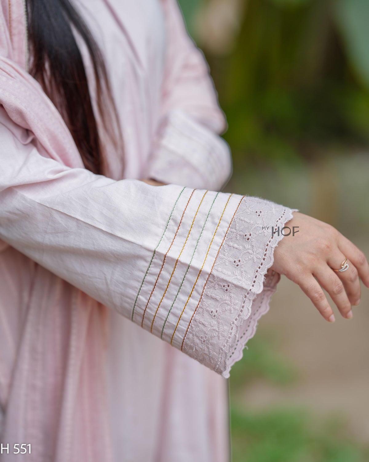 MY HOF Powder Pink Suit Set With Floral Embroidery In Cotton (H551)