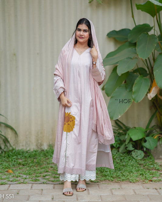 MY HOF Powder Pink Suit Set With Floral Embroidery In Cotton (H551)