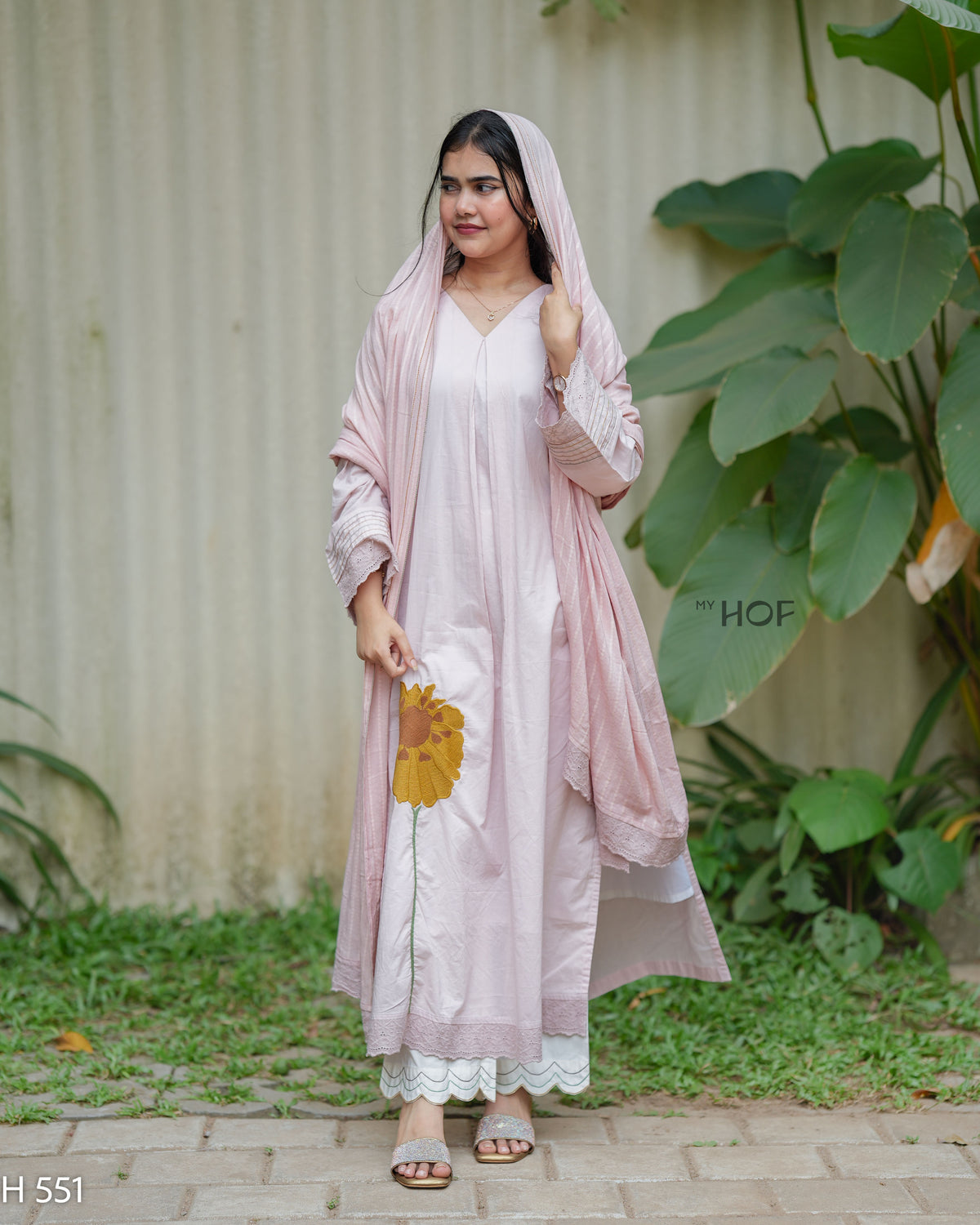 MY HOF Powder Pink Suit Set With Floral Embroidery In Cotton (H551)