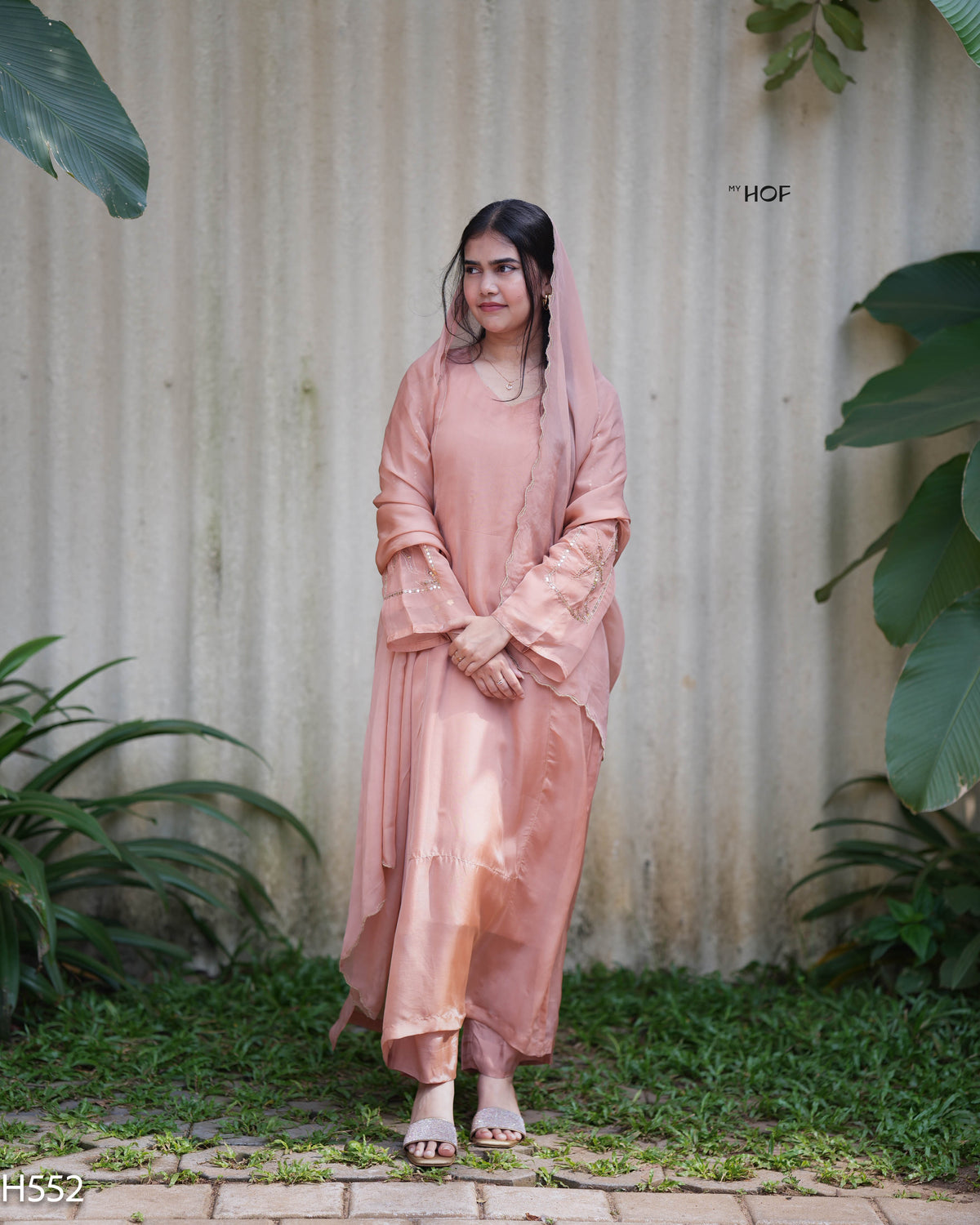 MY HOF Peach Suit Set With Hand Embroidery In Organza (H552)