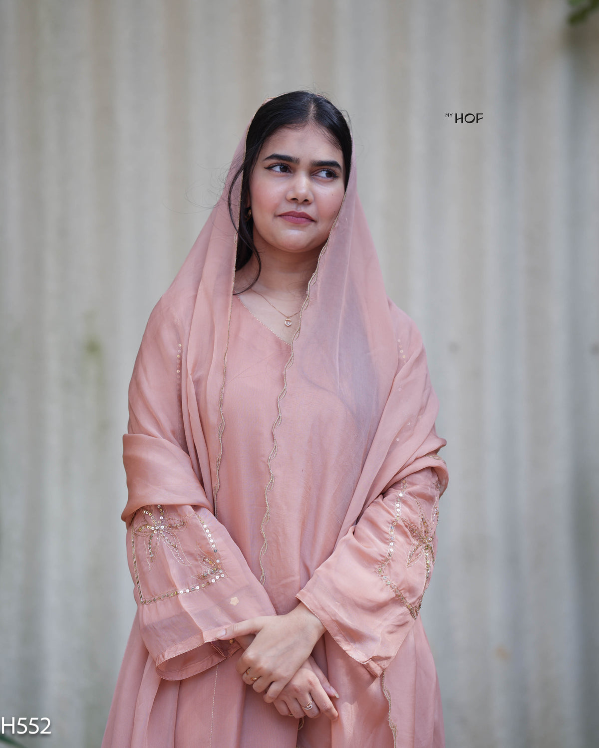 MY HOF Peach Suit Set With Hand Embroidery In Organza (H552)