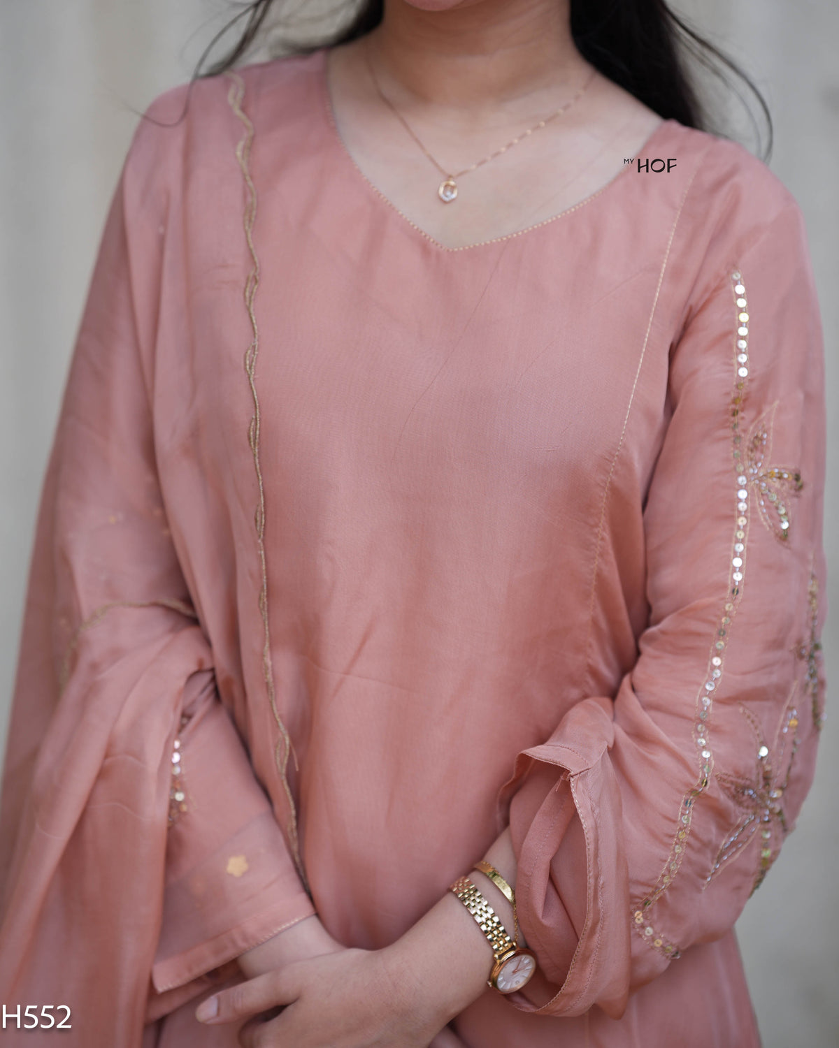MY HOF Peach Suit Set With Hand Embroidery In Organza (H552)