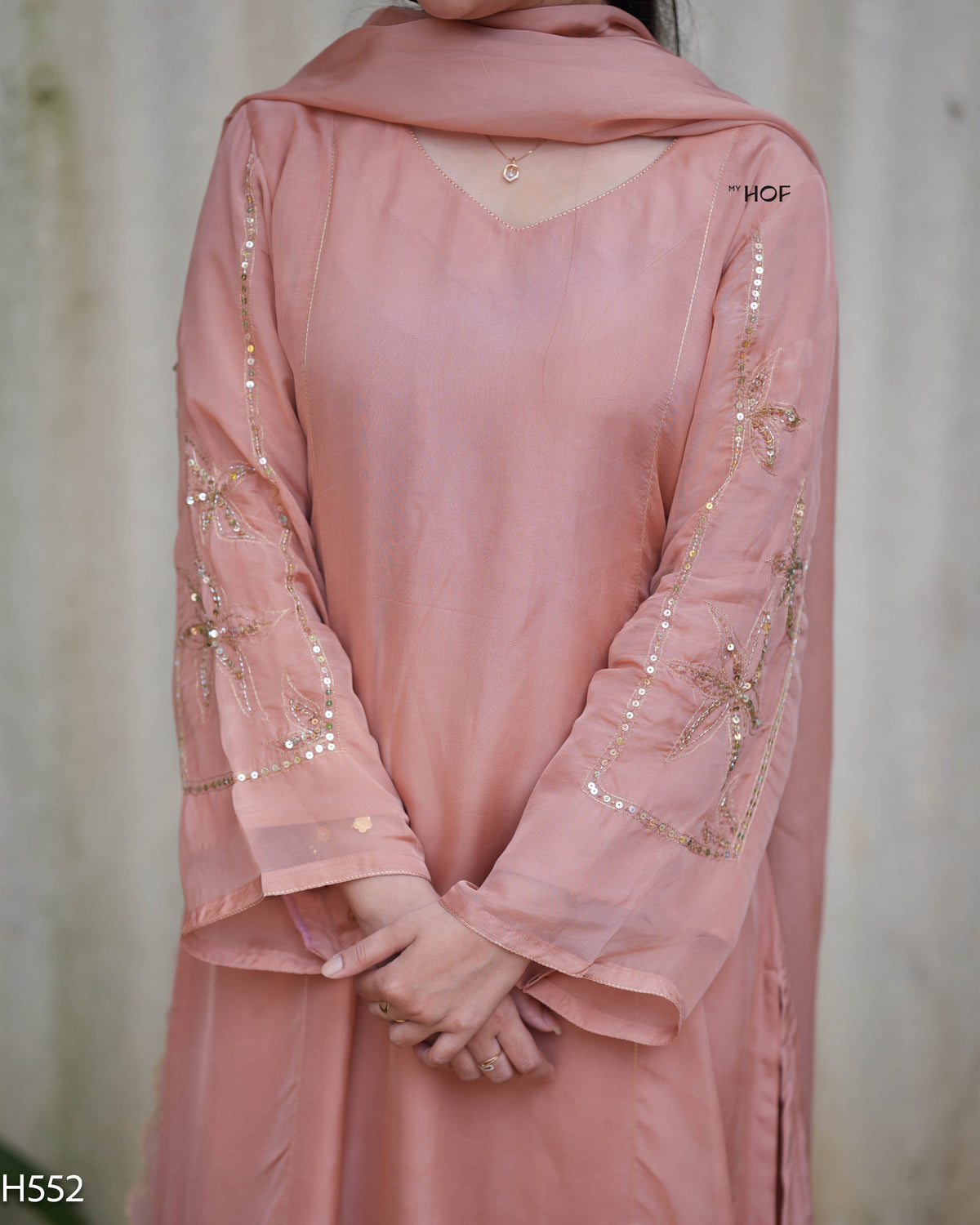MY HOF Peach Suit Set With Hand Embroidery In Organza (H552)