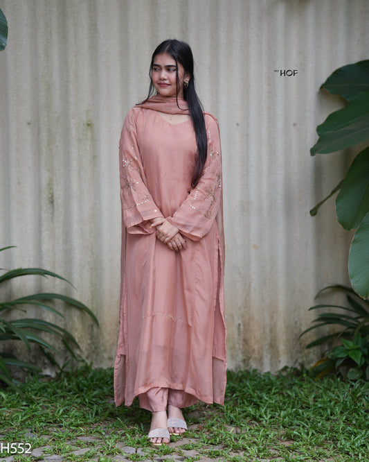 MY HOF Peach Suit Set With Hand Embroidery In Organza (H552)
