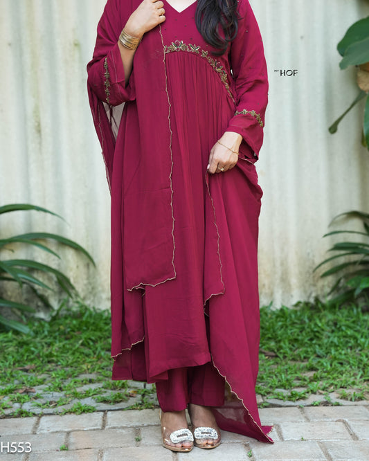 MY HOF Maroon Suit Set With Hand Embroidery In Georgette (H553)