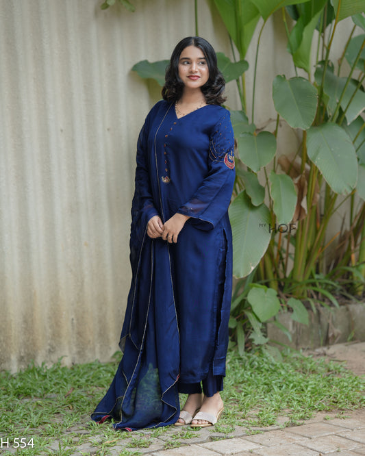 MyHof Navy Blue Suit Set With Hand Embroidery In Organza (H554)