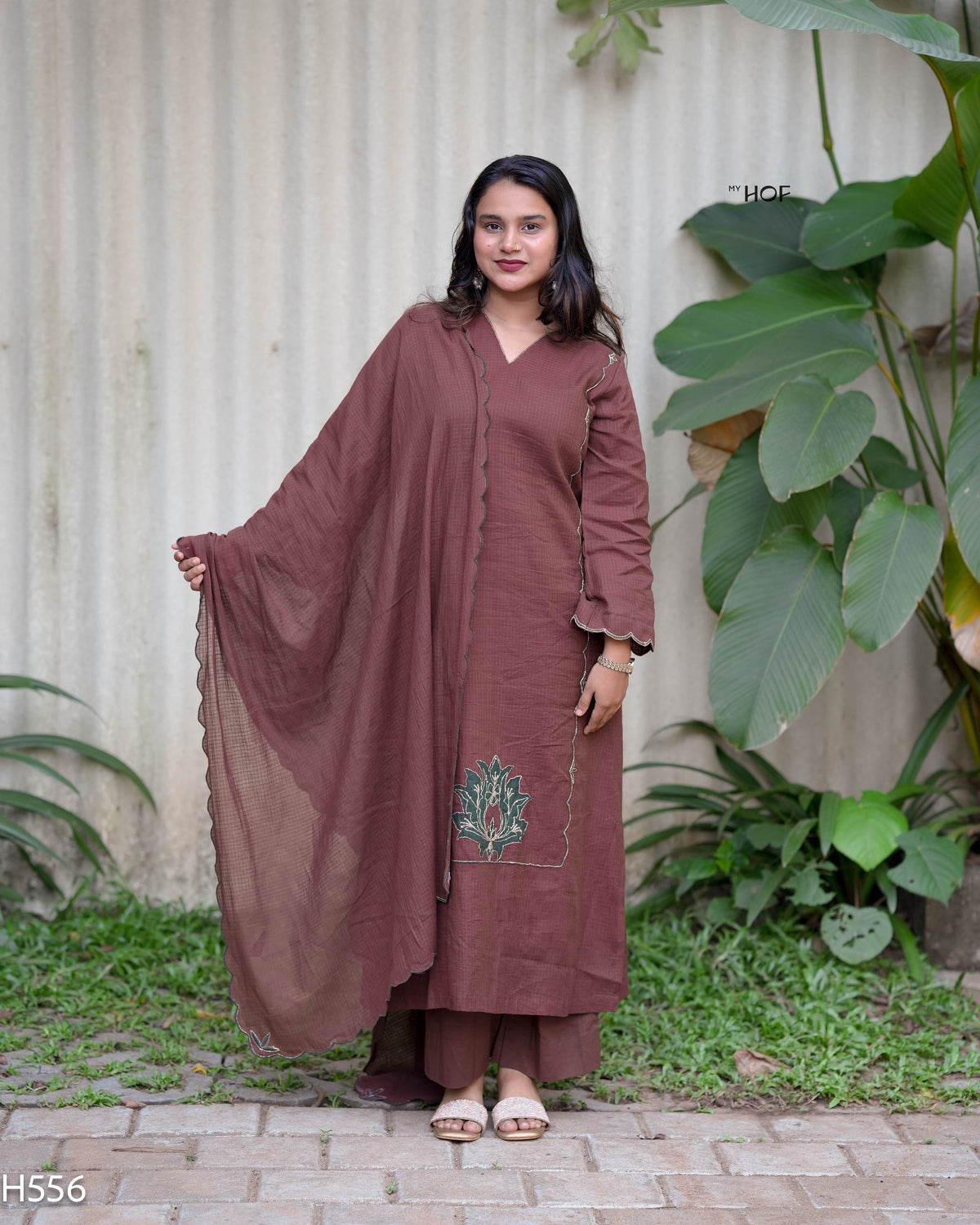 MY HOF Cocoa Brown Suit Set With Thread Embroidery In Kota Checks (H556)