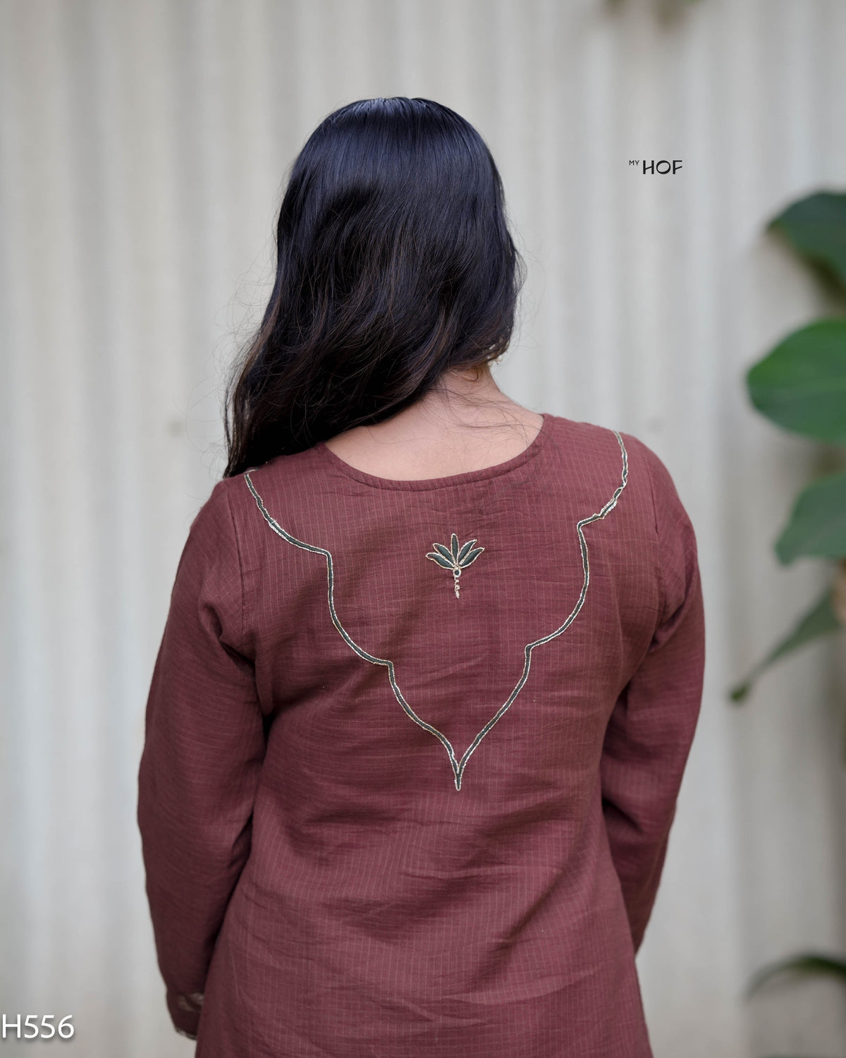 MY HOF Cocoa Brown Suit Set With Thread Embroidery In Kota Checks (H556)