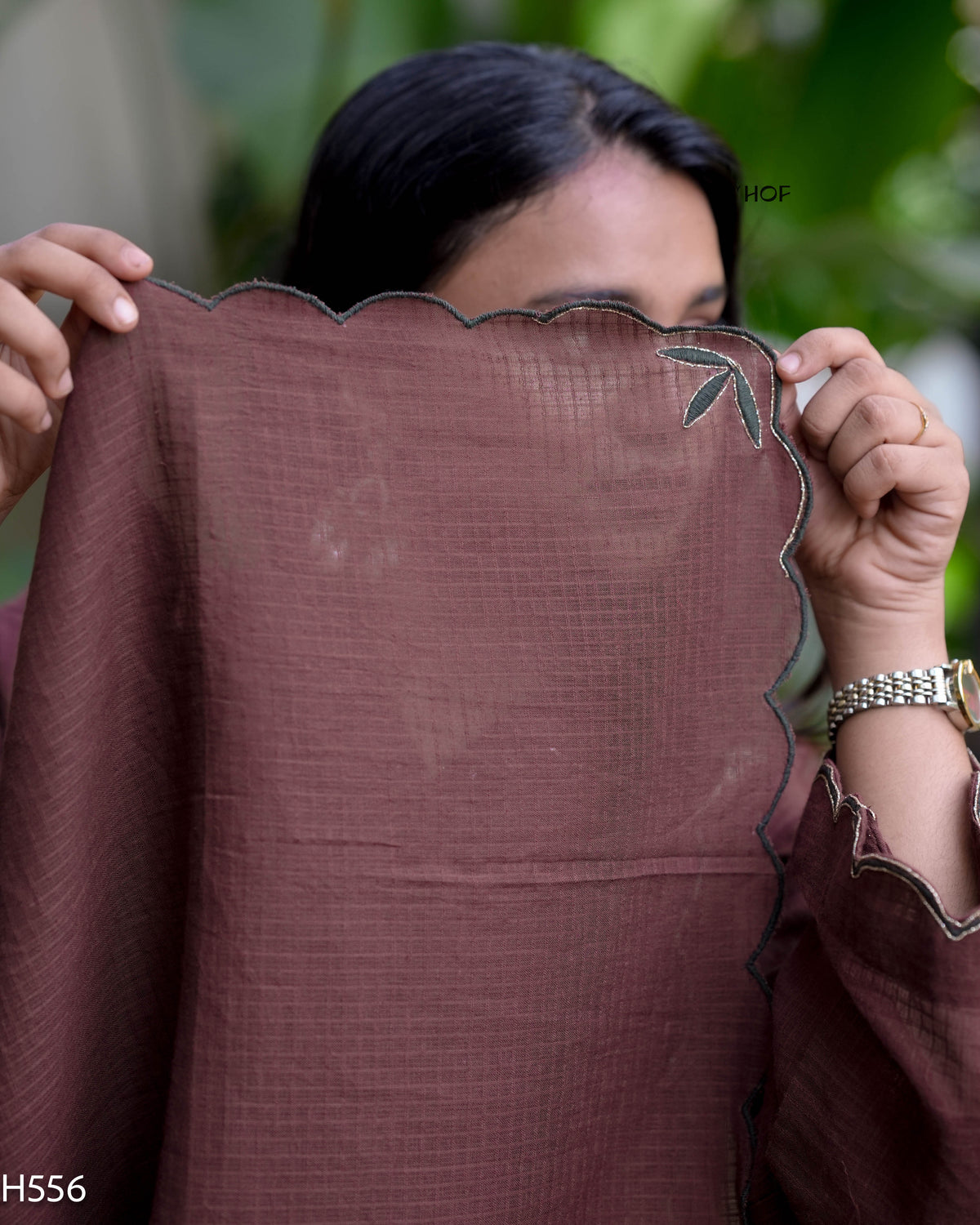 MY HOF Cocoa Brown Suit Set With Thread Embroidery In Kota Checks (H556)