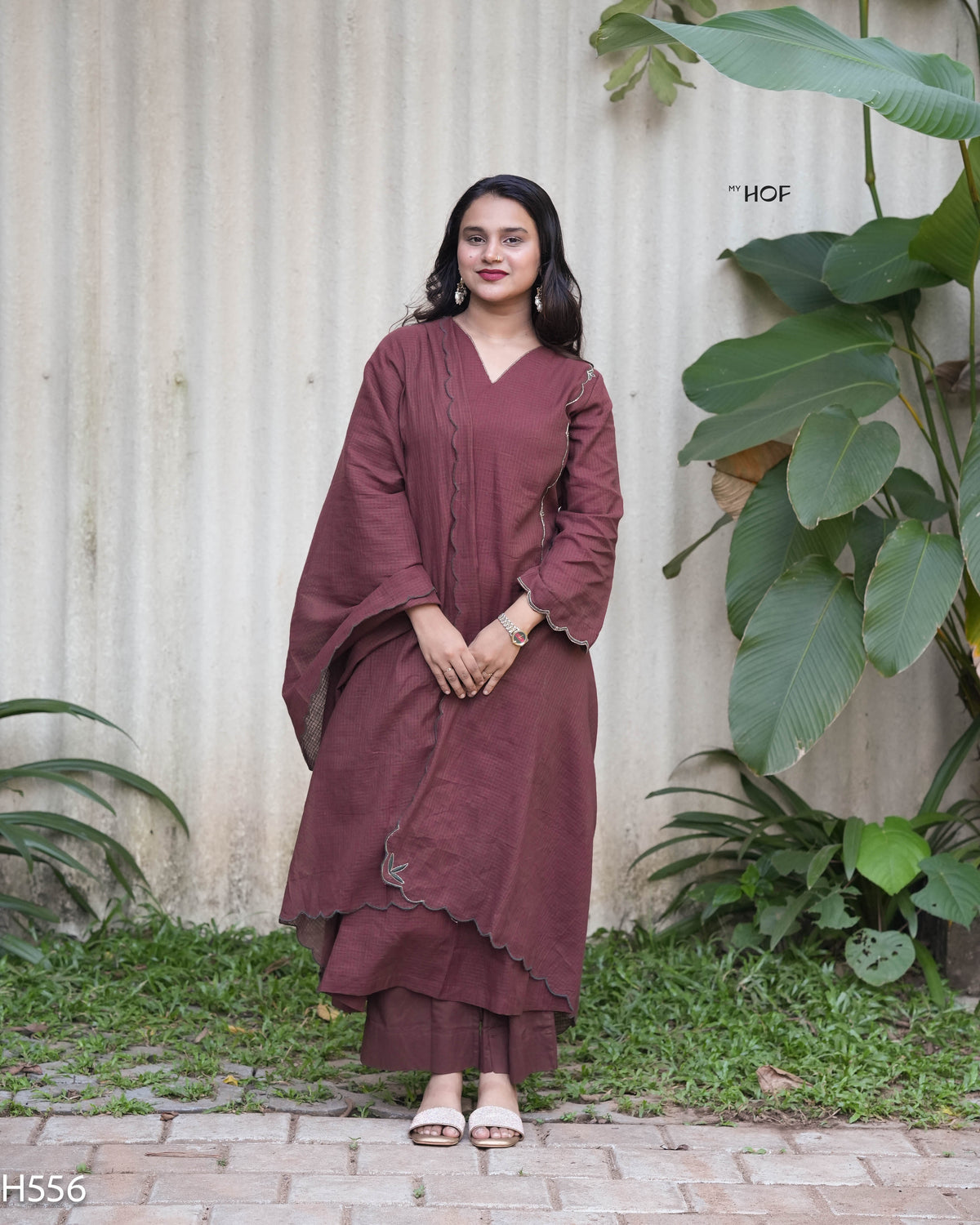 MY HOF Cocoa Brown Suit Set With Thread Embroidery In Kota Checks (H556)