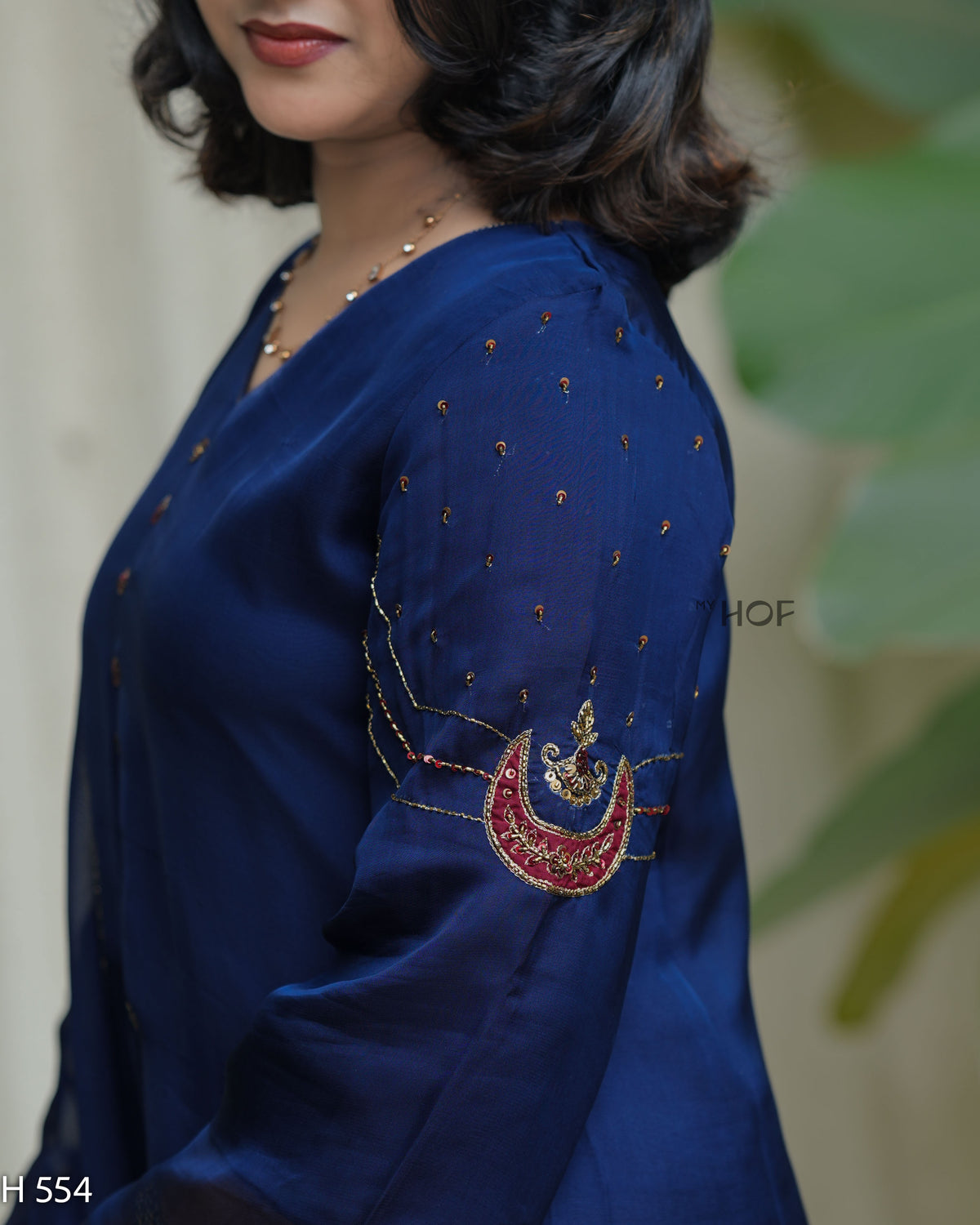 MyHof Navy Blue Suit Set With Hand Embroidery In Organza (H554)