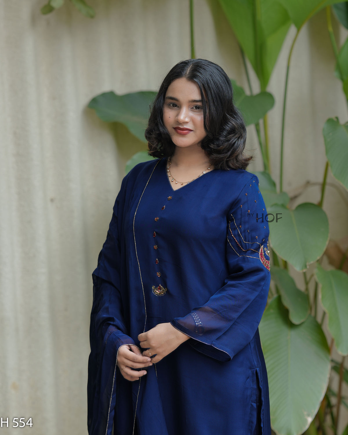 MyHof Navy Blue Suit Set With Hand Embroidery In Organza (H554)