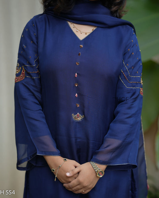 MyHof Navy Blue Suit Set With Hand Embroidery In Organza (H554)