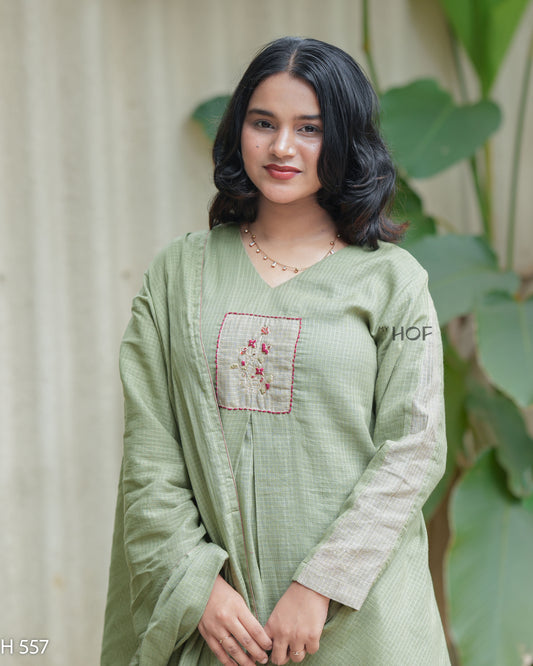 MyHof Dusty Sage Green Suit Set With Thread Embroidery In Kota Checks(H557)