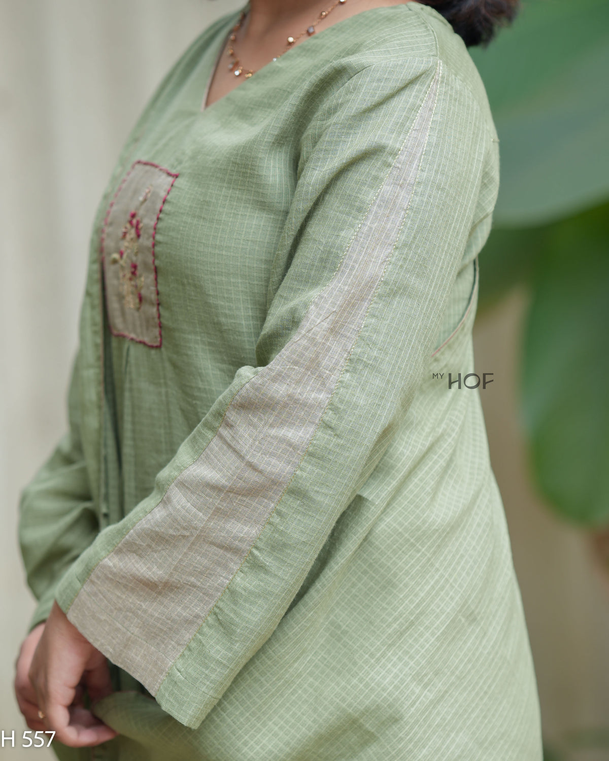 MyHof Dusty Sage Green Suit Set With Thread Embroidery In Kota Checks(H557)