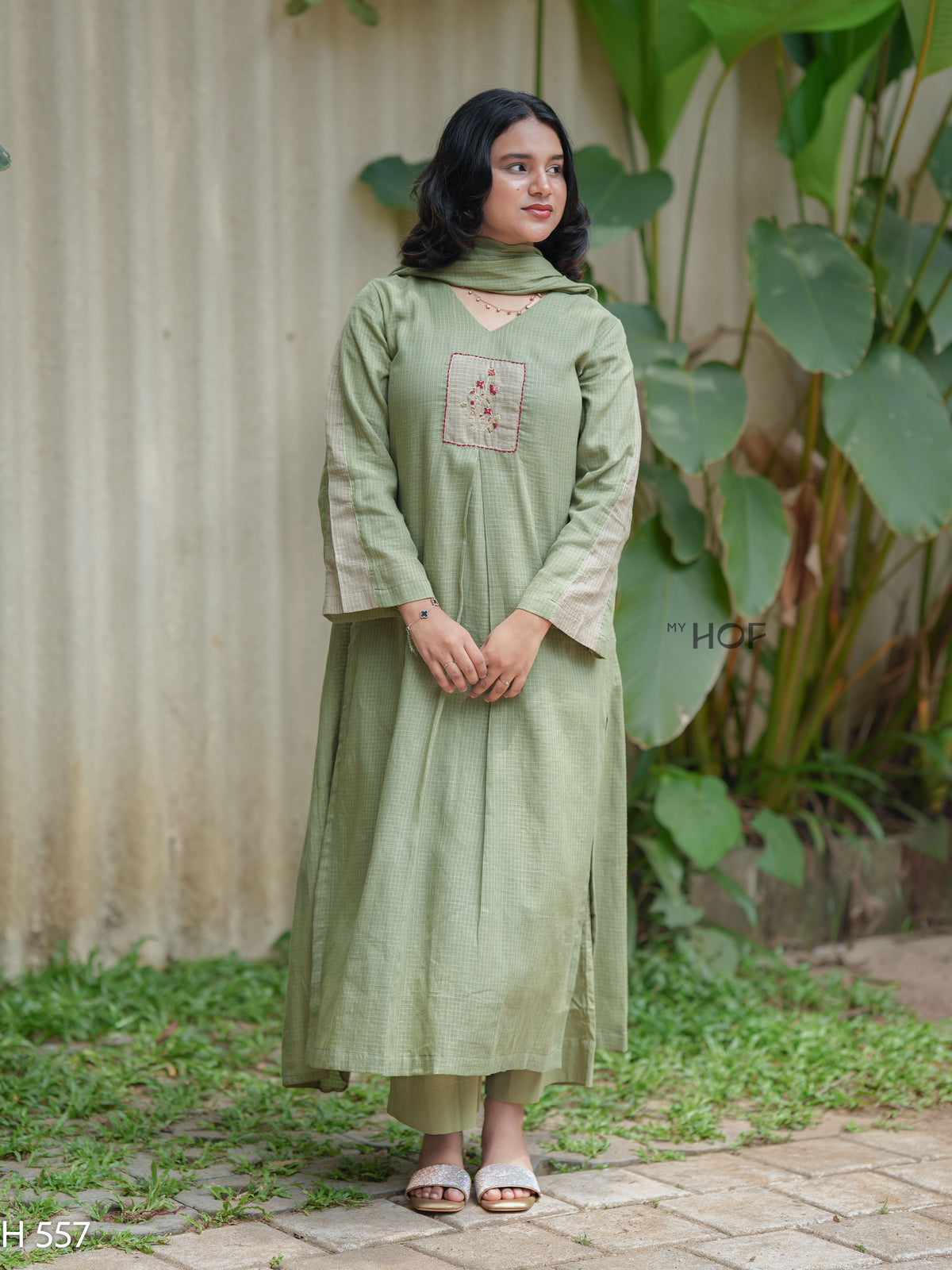 MyHof Dusty Sage Green Suit Set With Thread Embroidery In Kota Checks(H557)