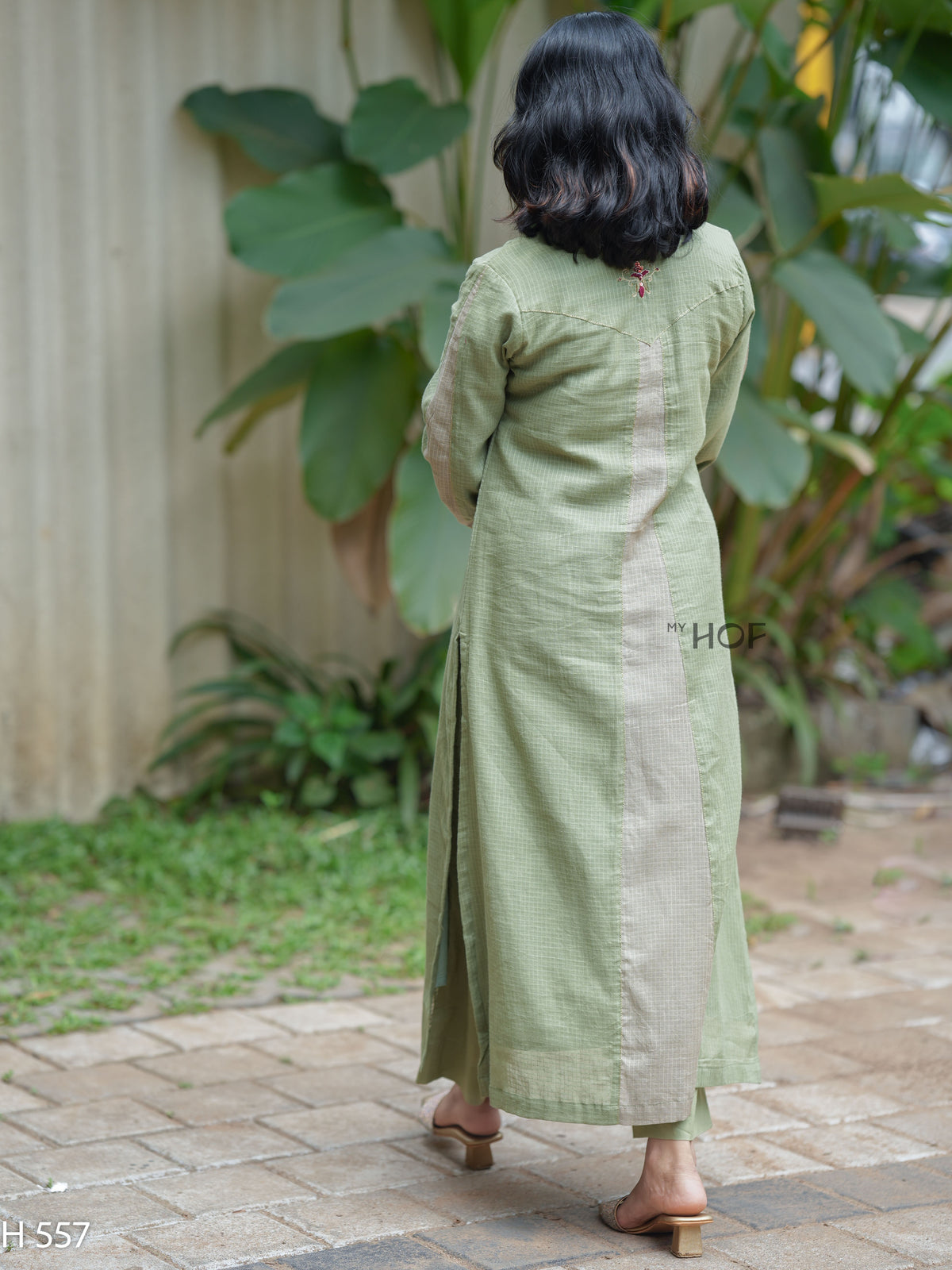 MyHof Dusty Sage Green Suit Set With Thread Embroidery In Kota Checks(H557)