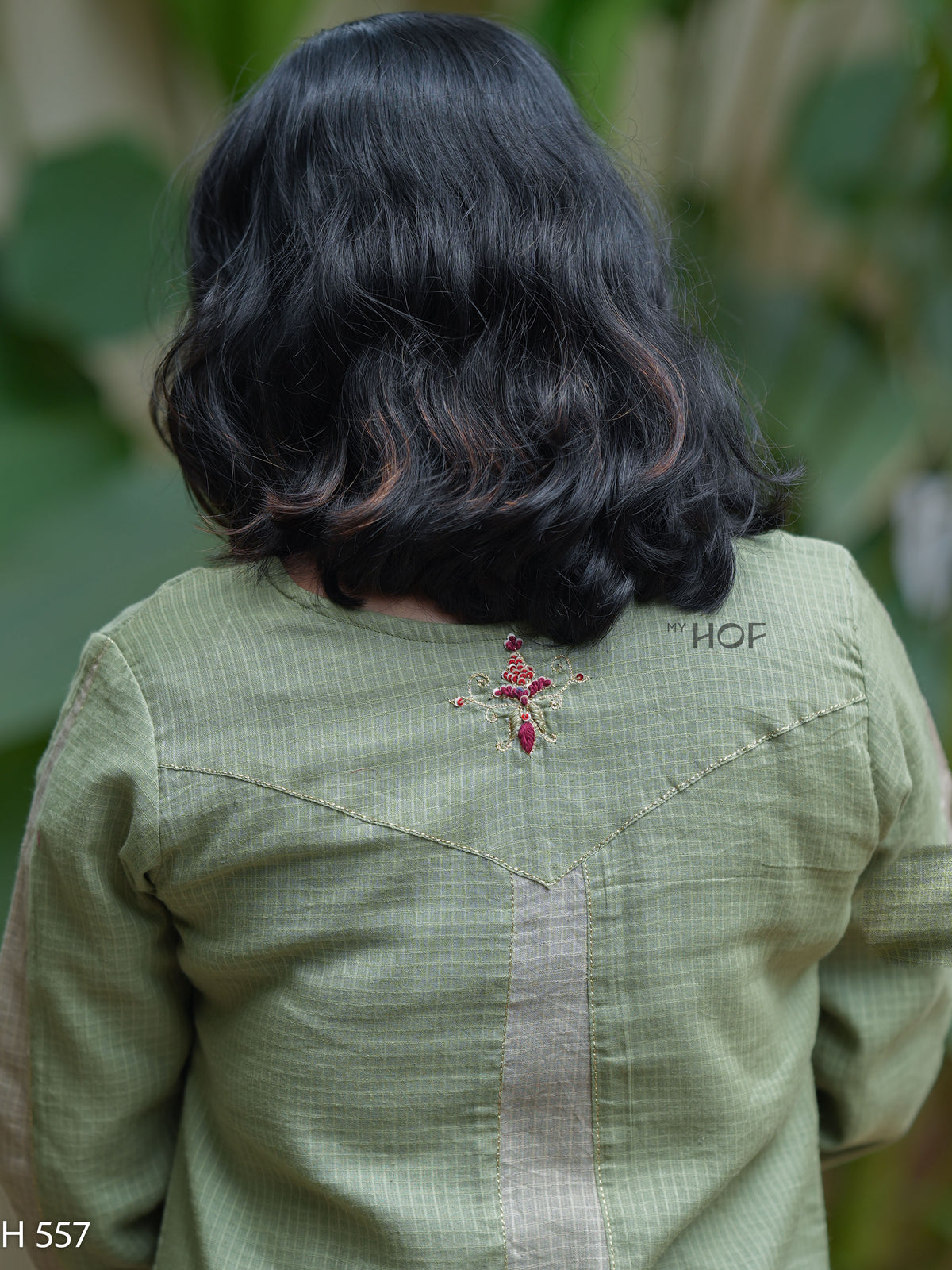 MyHof Dusty Sage Green Suit Set With Thread Embroidery In Kota Checks(H557)