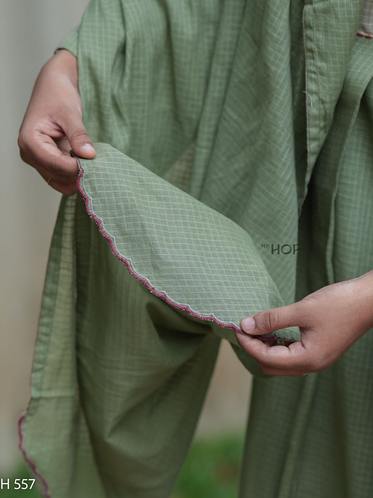 MyHof Dusty Sage Green Suit Set With Thread Embroidery In Kota Checks(H557)