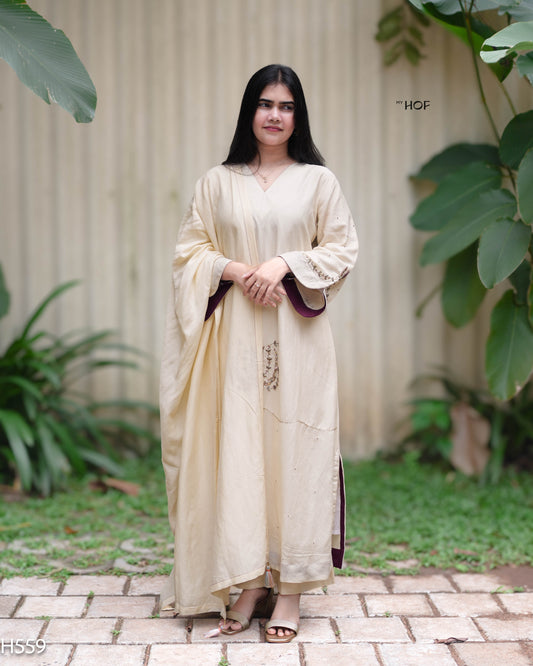 MyHof Off White Suit Set With Hand Embroidery In Linen (H559)
