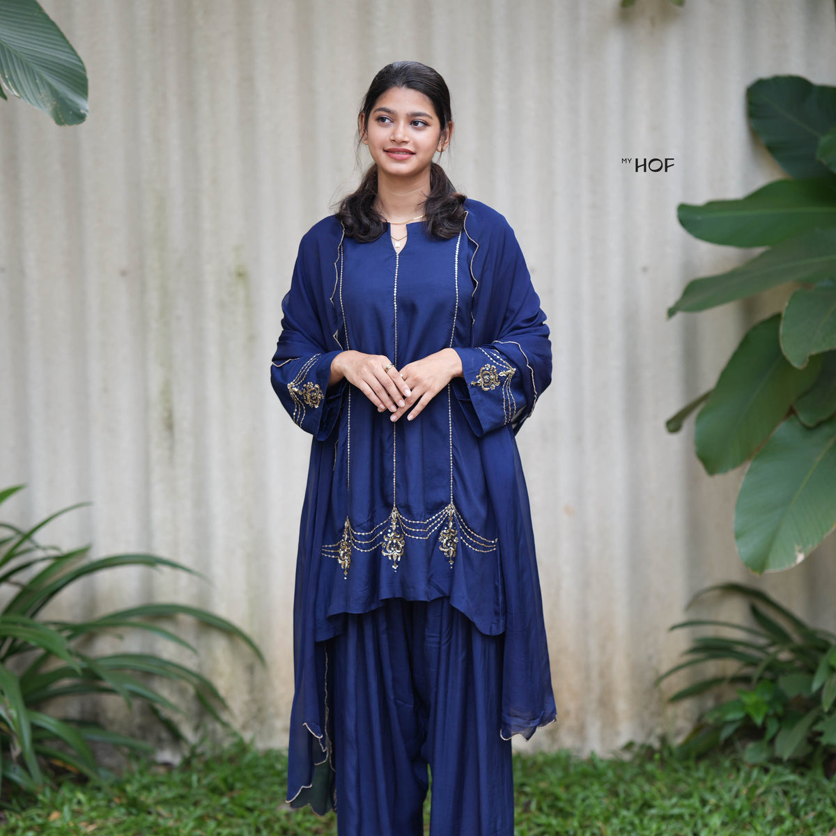 MyHof Navy Blue Farshi Suit Set With Hand Embroidery In Muslin