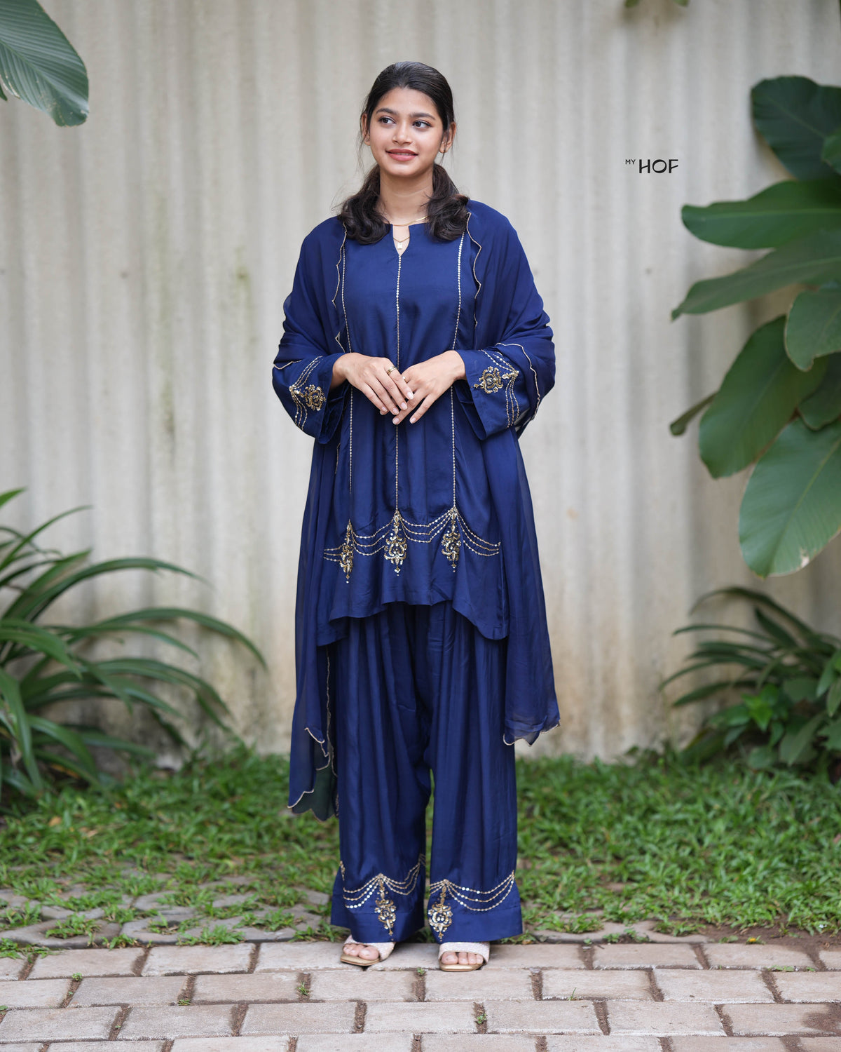 MyHof Navy Blue Farshi Suit Set With Hand Embroidery In Muslin