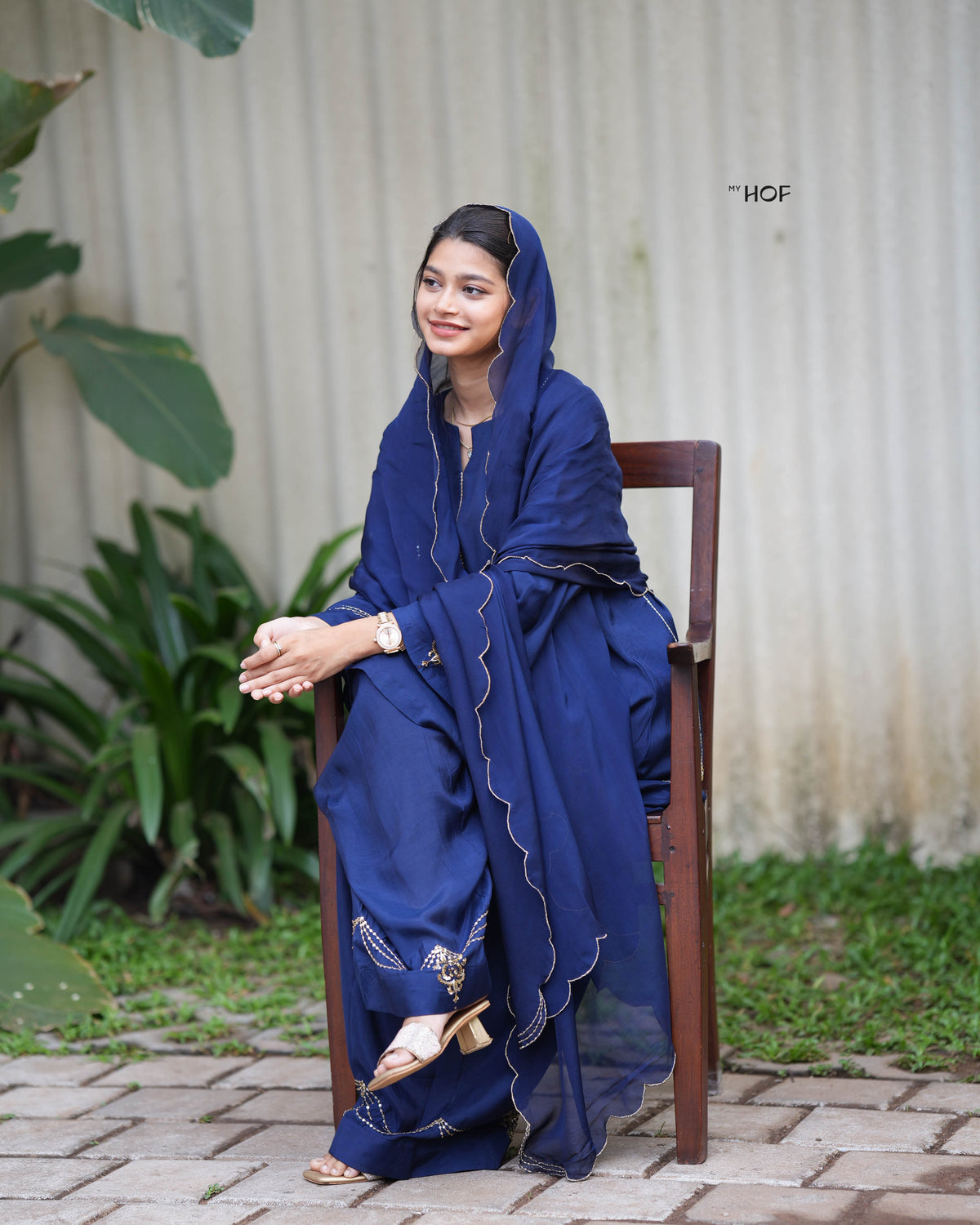 MyHof Navy Blue Farshi Suit Set With Hand Embroidery In Muslin