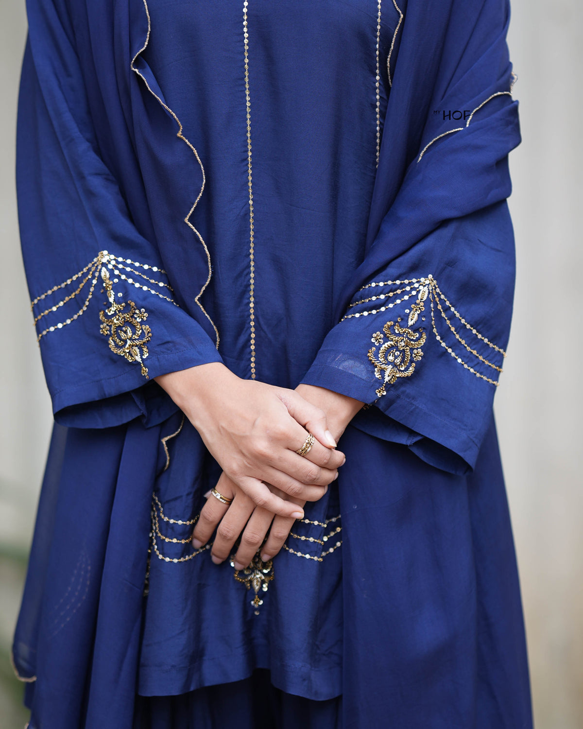 MyHof Navy Blue Farshi Suit Set With Hand Embroidery In Muslin