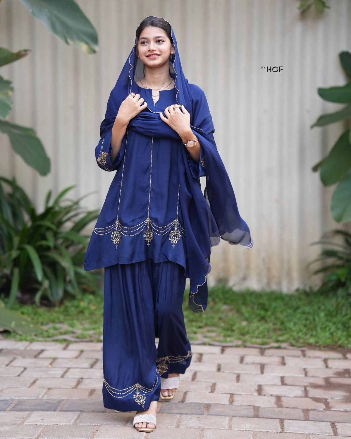 MyHof Navy Blue Farshi Suit Set With Hand Embroidery In Muslin