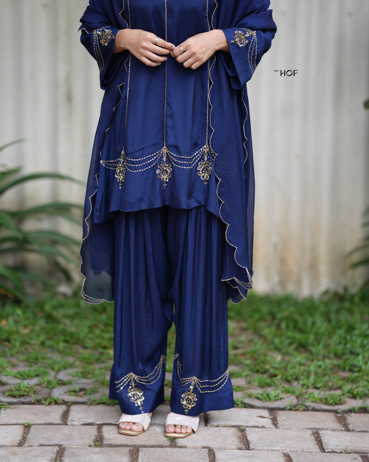 MyHof Navy Blue Farshi Suit Set With Hand Embroidery In Muslin