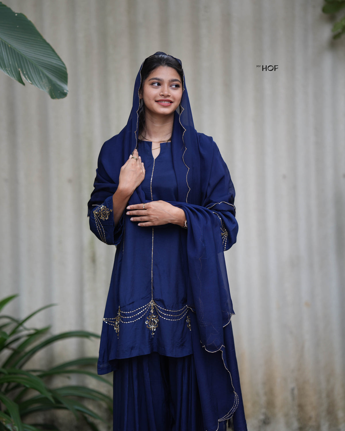 MyHof Navy Blue Farshi Suit Set With Hand Embroidery In Muslin