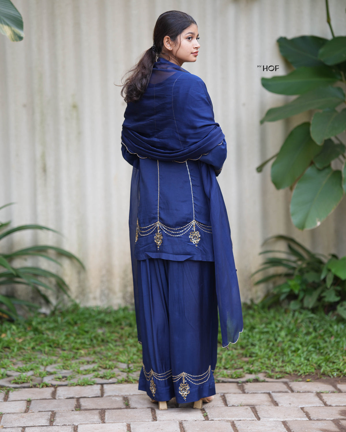 MyHof Navy Blue Farshi Suit Set With Hand Embroidery In Muslin