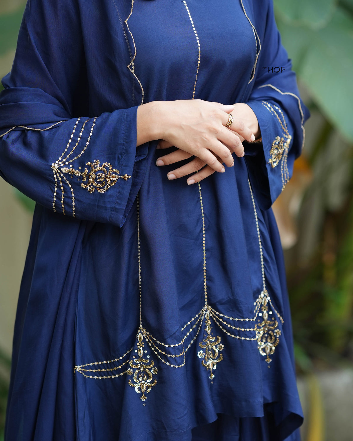 MyHof Navy Blue Farshi Suit Set With Hand Embroidery In Muslin