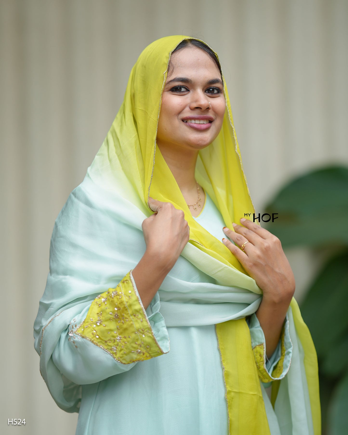 MY HOF Sea Green Suit Set With Hand Embroidery In Organza (H524)
