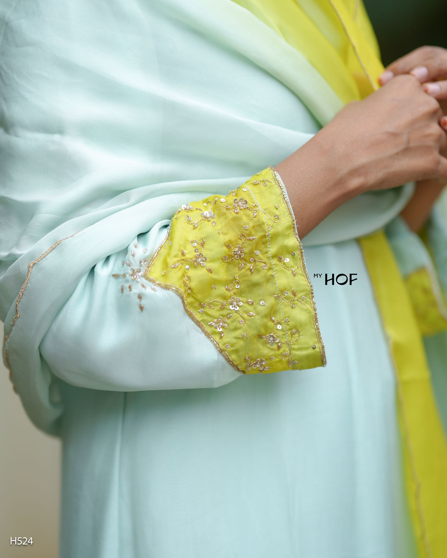 MY HOF Sea Green Suit Set With Hand Embroidery In Organza (H524)