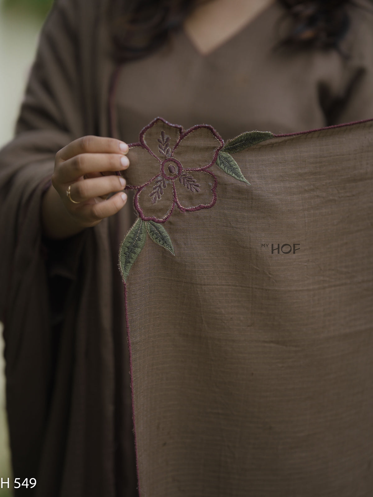 MY HOF Taupe Brown Suit Set With Hand Embroidery In Kota Checks (H549)