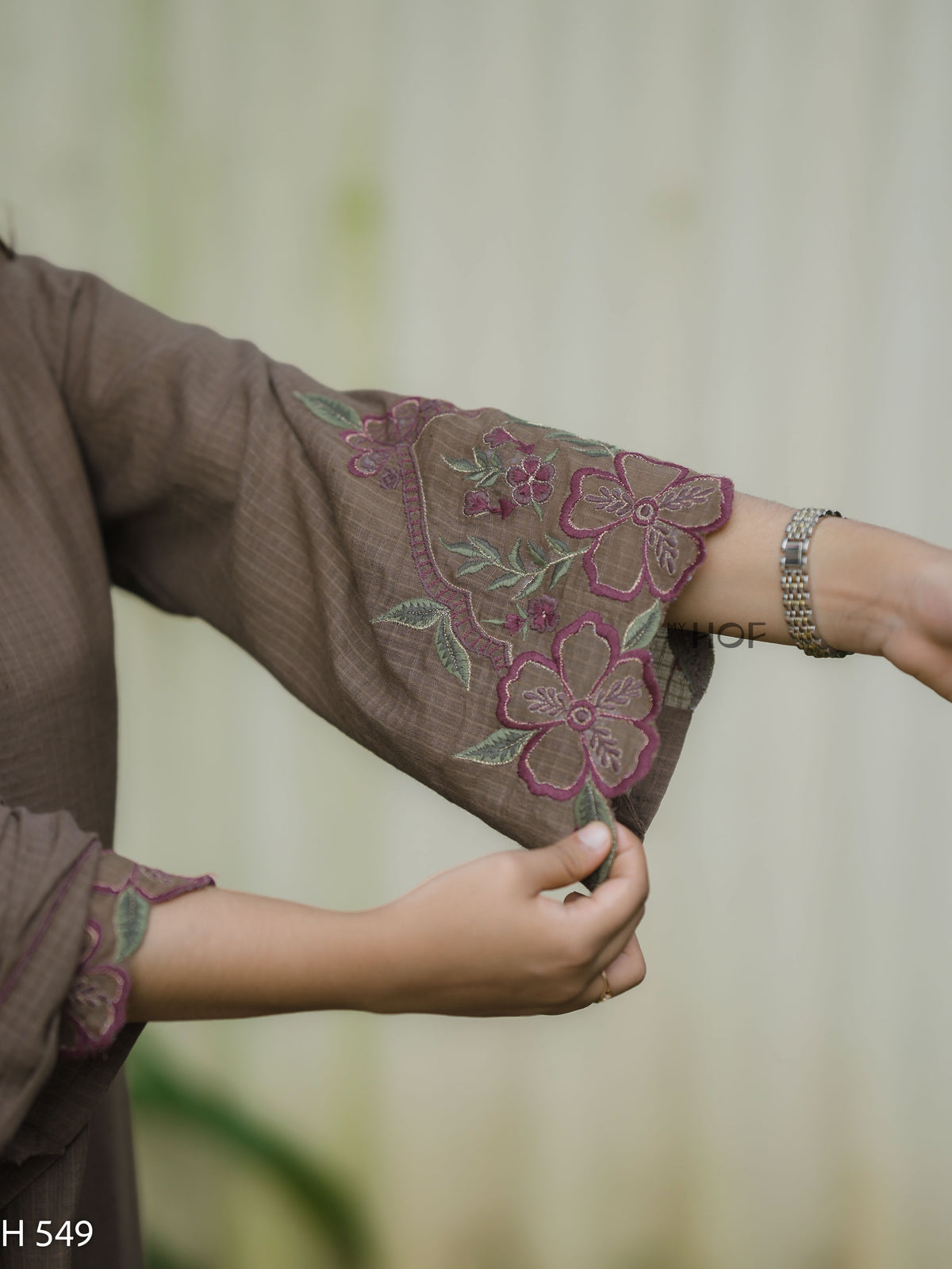 MY HOF Taupe Brown Suit Set With Hand Embroidery In Kota Checks (H549)