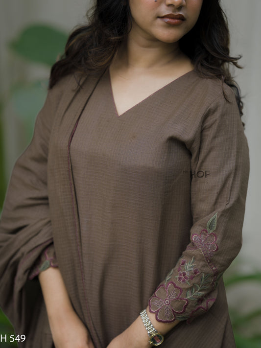 MY HOF Taupe Brown Suit Set With Floral Embroidery In Kota Checks (H549)