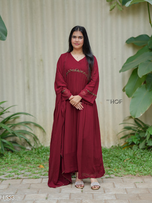 MY HOF Maroon Suit Set With Hand Embroidery In Georgette (H553)