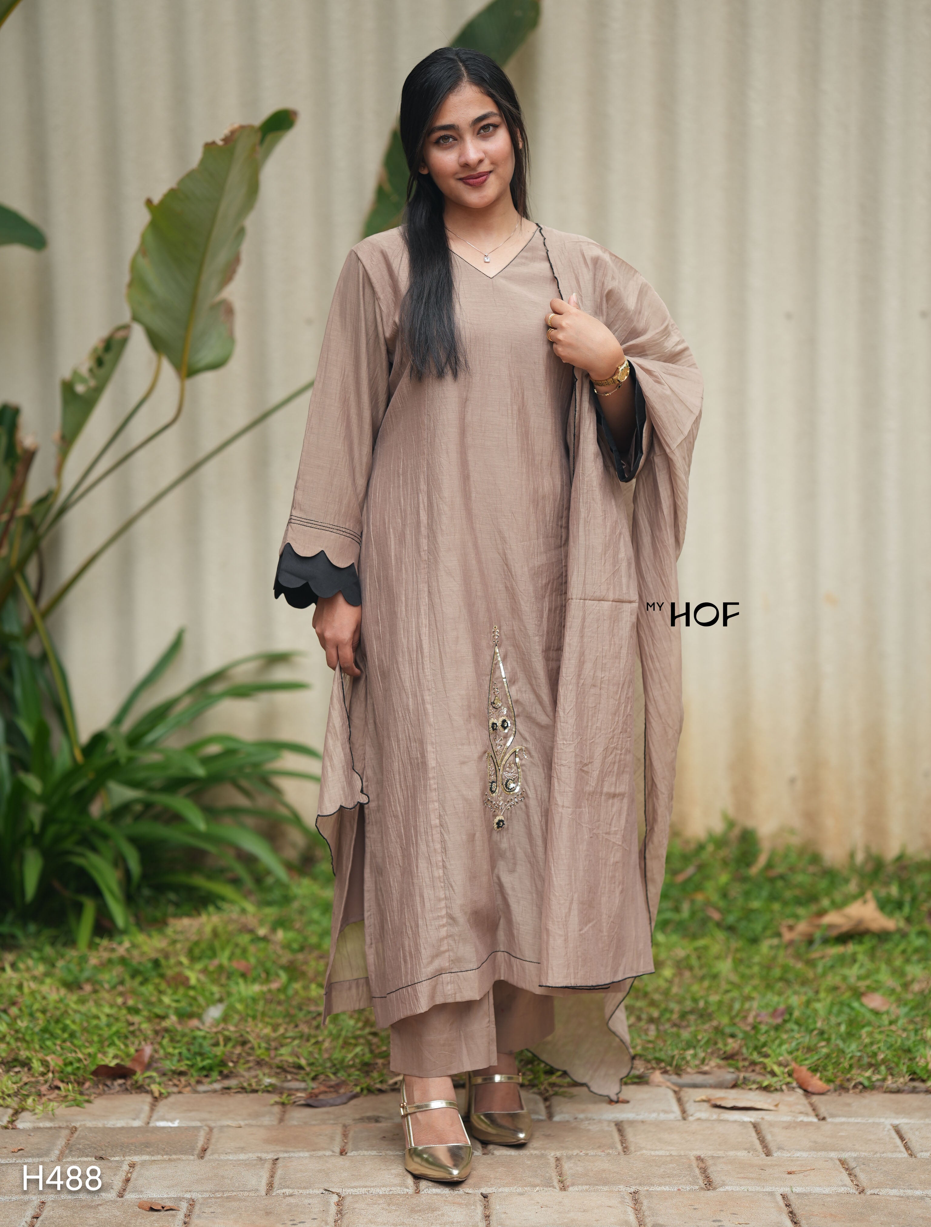 MY HOF Chikku Suit Set With Hand Embroidery In Chanderi