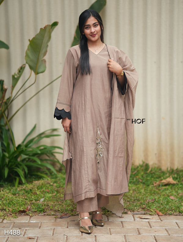 MY HOF Chikku Suit Set With Hand Embroidery In Chanderi