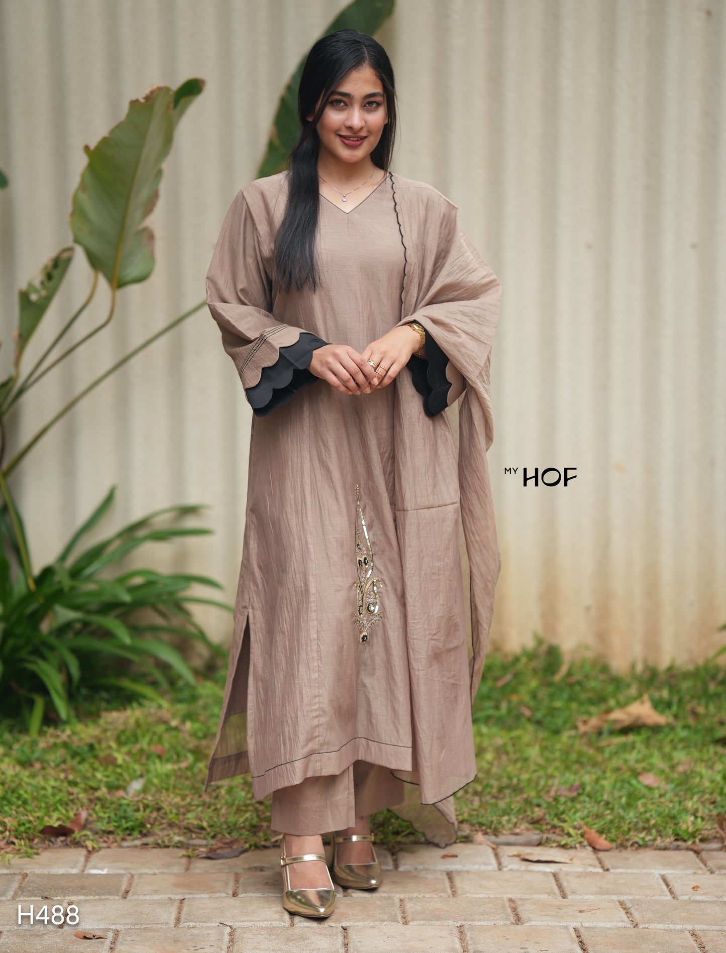 MY HOF Chikku Suit Set With Hand Embroidery In Chanderi