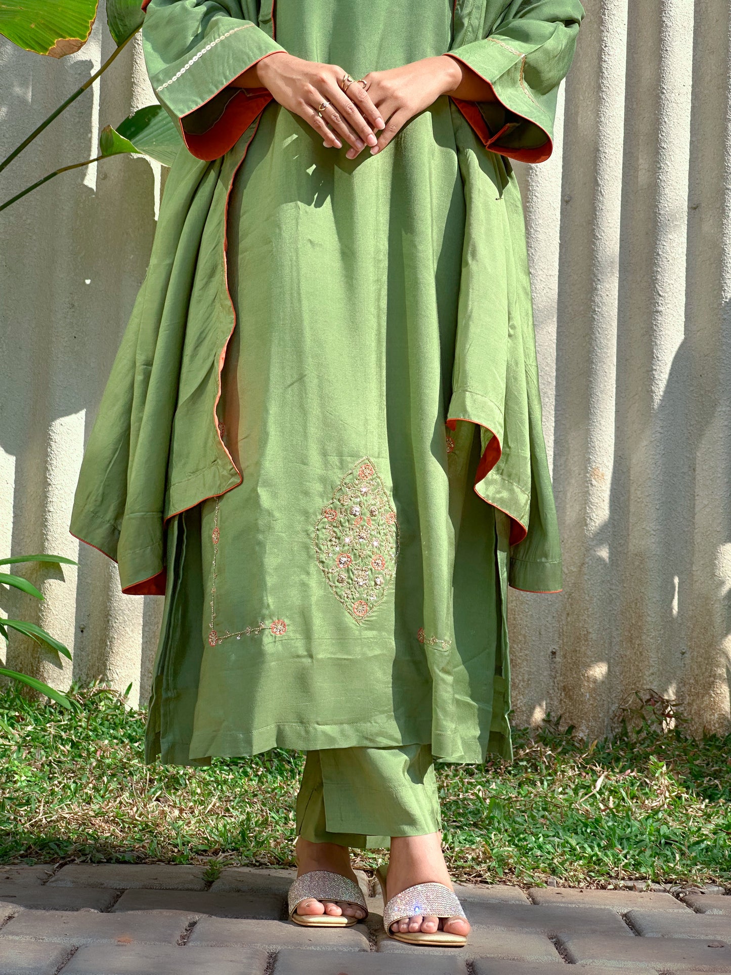 MY HOF Mint Green Suit Set With Floral Hand Embroidery In Muslin