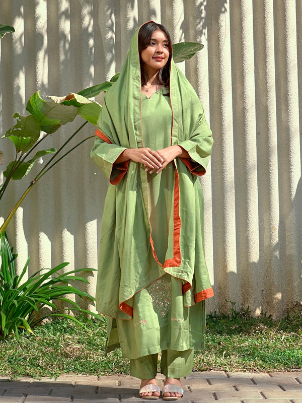 MY HOF Mint Green Suit Set With Floral Hand Embroidery In Muslin