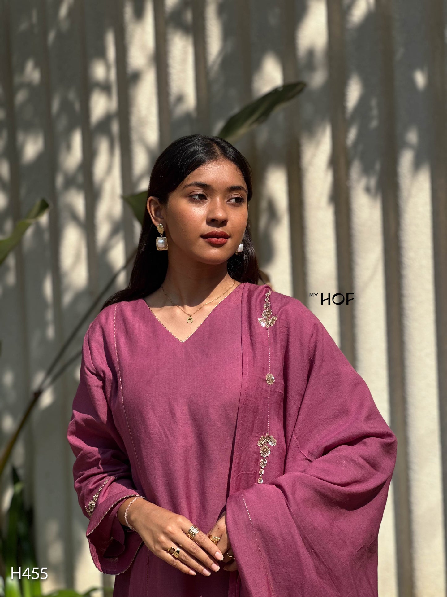 MY HOF Onion Pink Suit Set With Hand Embroidery In Linen