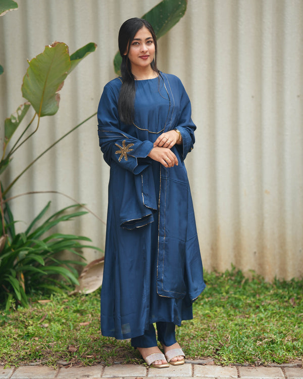 MY HOF Navy Blue Suit Set With Hand Embroidery In Crepe