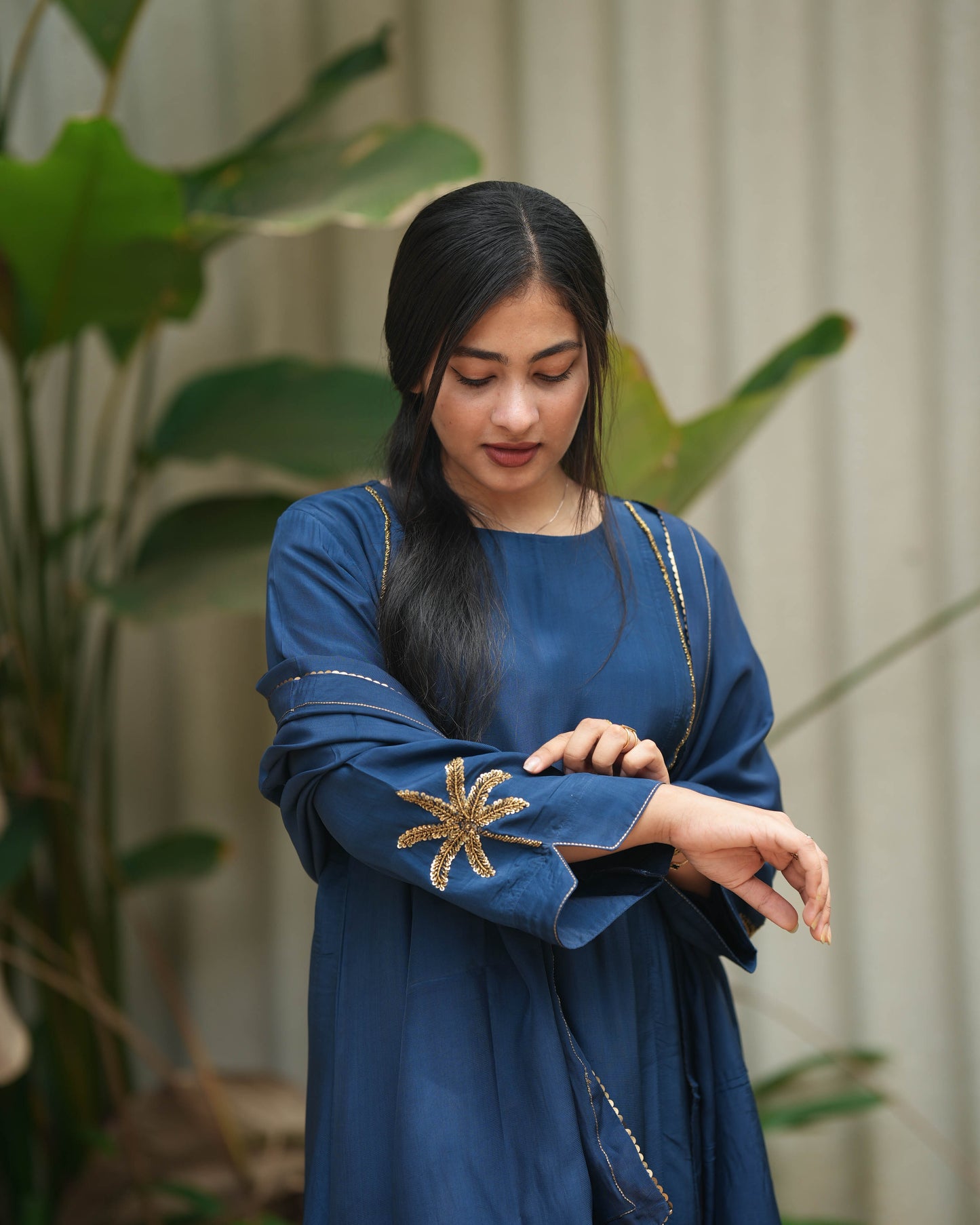 MY HOF Navy Blue Suit Set With Hand Embroidery In Crepe