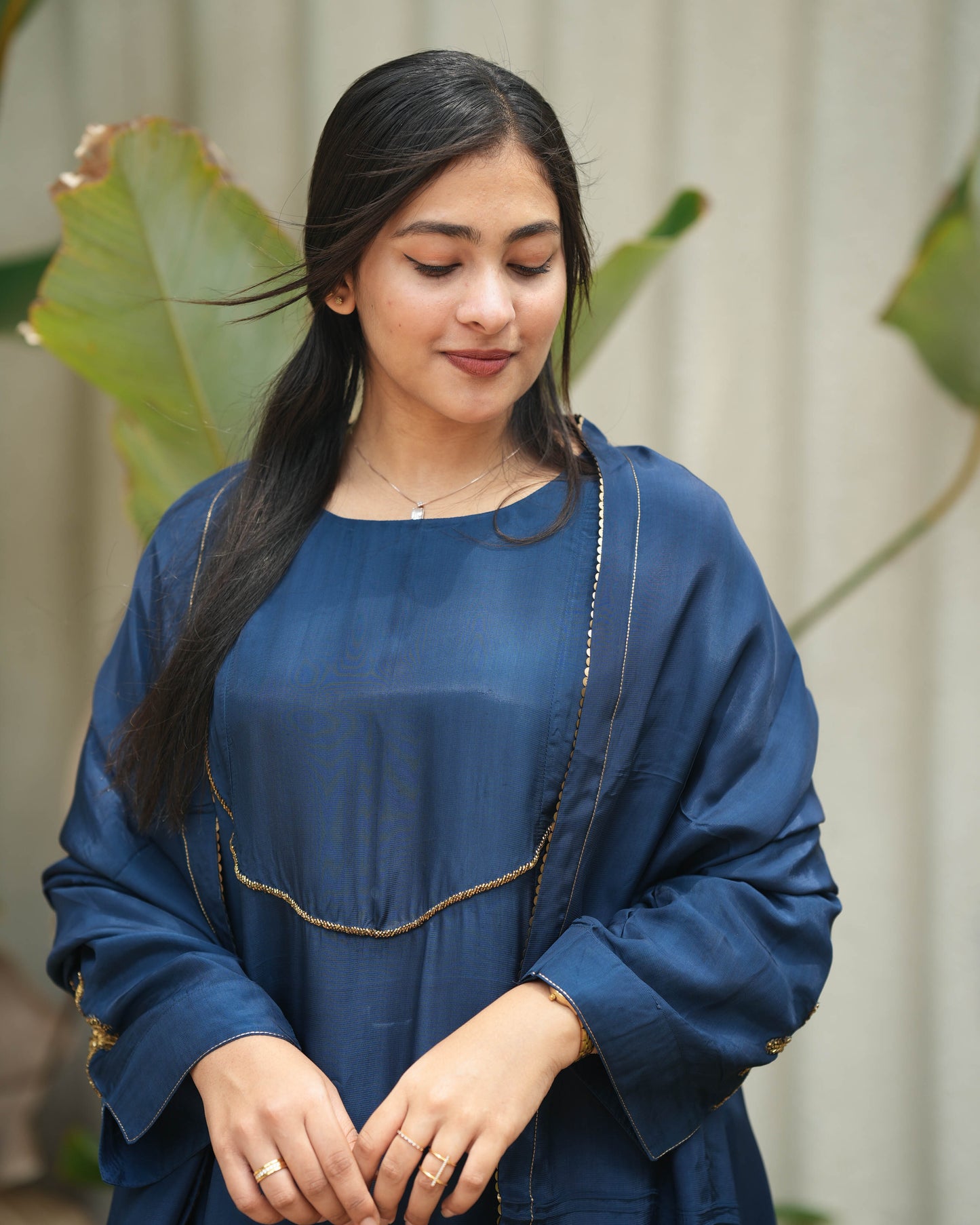 MY HOF Navy Blue Suit Set With Hand Embroidery In Crepe